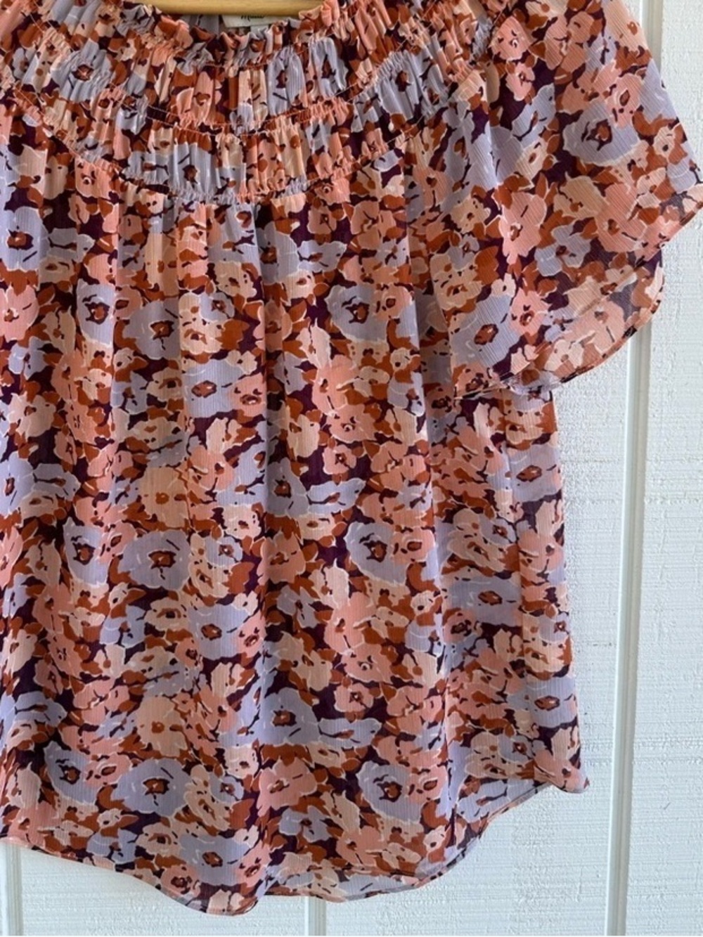 Madewell Peach and Lavender Floral Off-Shoulder Blouse